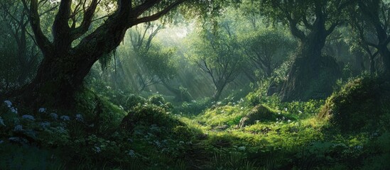 Lush forest landscape with dappled sunlight illuminating vibrant greenery and wildflowers in a serene wilderness setting