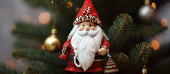 Gnome Christmas Ornament Decorated for New Year Festivities on Christmas Tree with Blurred Background and Warm Holiday Lights