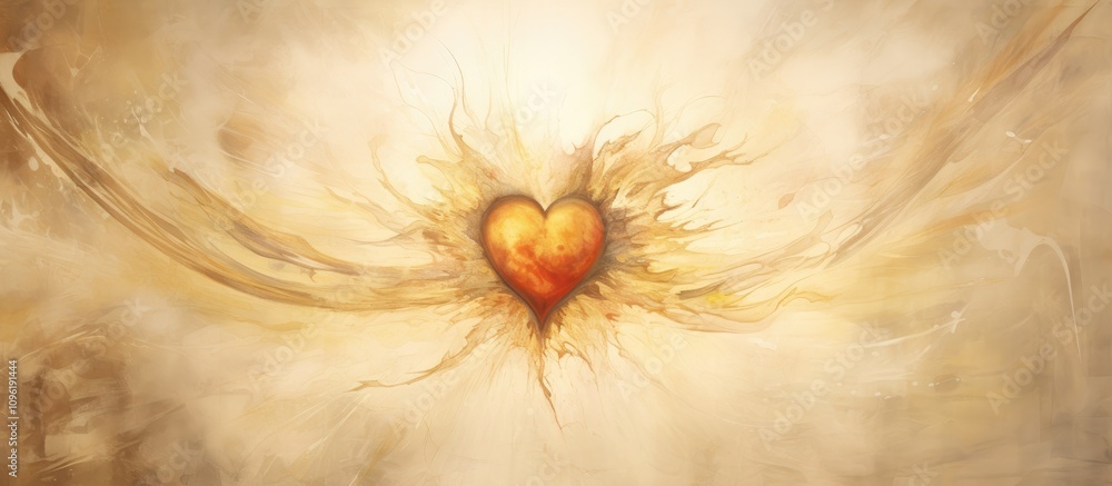 Poster radiant golden heart bursting with energy against a soft cream background creating a warm and uplift