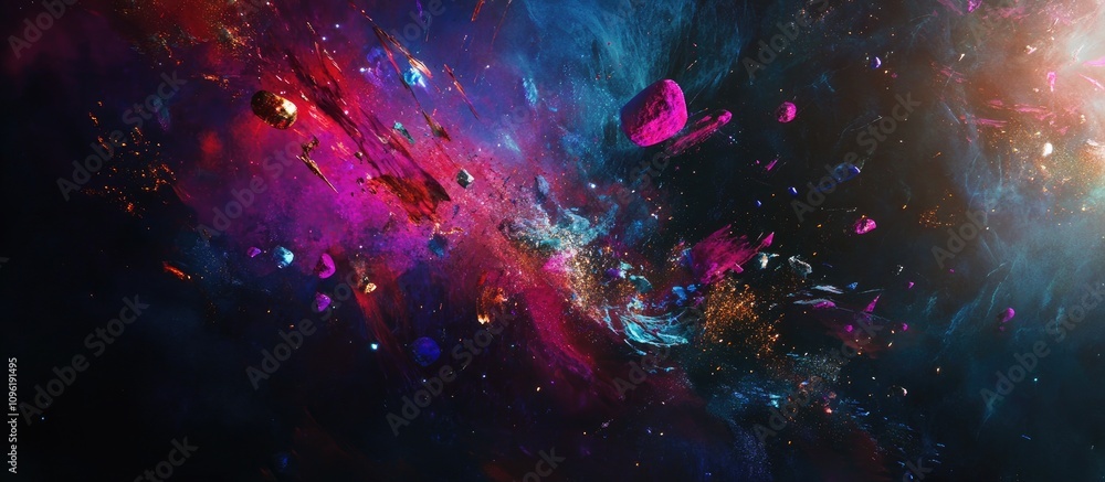 Poster colorful abstract space scene with cosmic elements and dynamic splashes of light against a dark back