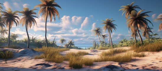 Obraz premium Tranquil beach scene with coconut trees and sandy dunes under a blue sky with fluffy clouds and vibrant greenery in the background