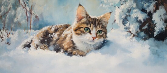 Snowy Cat Portrait Captured in a Winter Wonderland with Frosty Background and Playful Expressions of a Feline in Snowy Environment