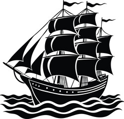 Sailing ship silhouette illustration on white background.
