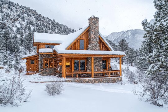 Wooden mountain cabin covered in snow during snowfall