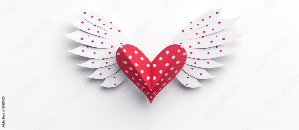 Poster origami heart with polka dot design and wings creating a unique paper craft perfect for personalized