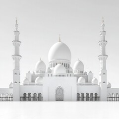 Obraz premium A black-and-white photograph showcasing the grandeur of the Sheikh Zayed Mosque in Abu Dhabi, isolated on a white background. 