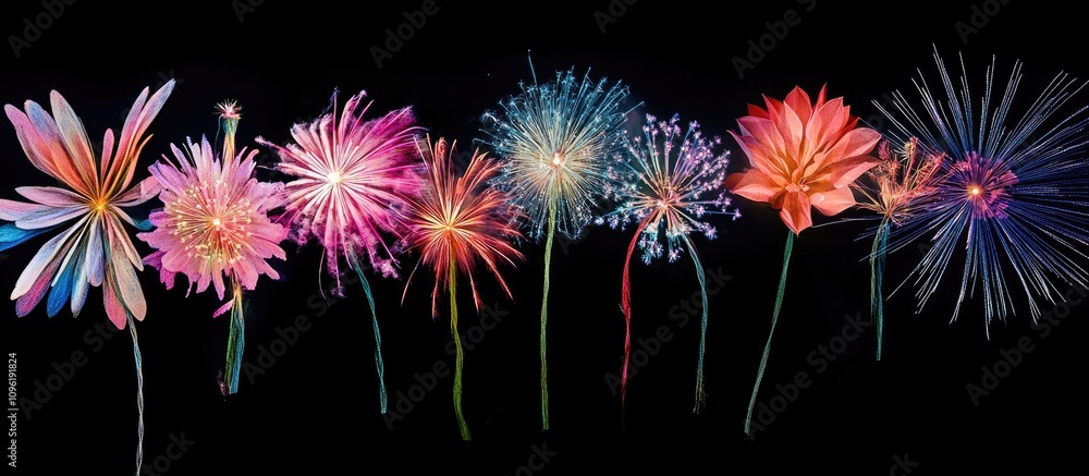 Poster colorful abstract fireworks display resembling flowers on a black background creating a festive and 