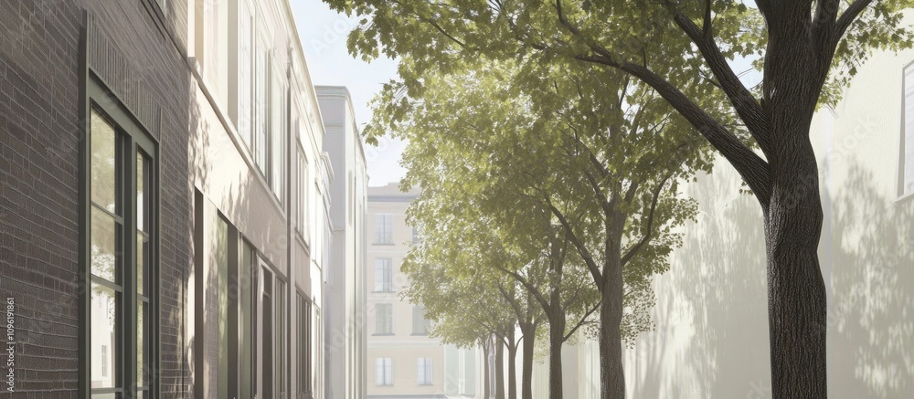 Poster urban street view showcasing trees lining a building area with soft light filtering through greenery