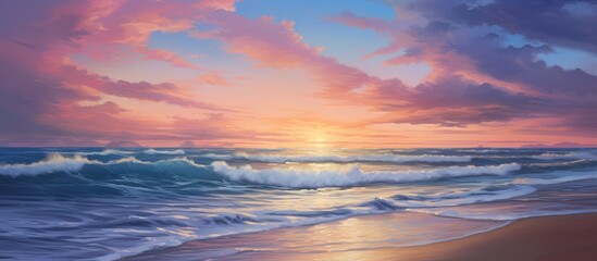 Obraz premium Serene beach sunrise with vibrant colors reflecting on the water and calm waves creating a picturesque dawn landscape.