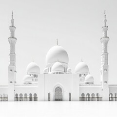 A black-and-white photograph showcasing the grandeur of the Sheikh Zayed Mosque in Abu Dhabi, isolated on a white background. 