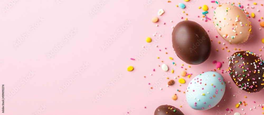 Poster easter chocolate eggs and colorful candies with sprinkles on a pink background creating a festive at