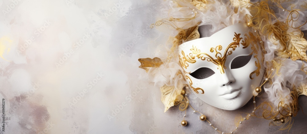 Poster elegant venetian carnival mask in golden and white hues set against a soft textured background with 