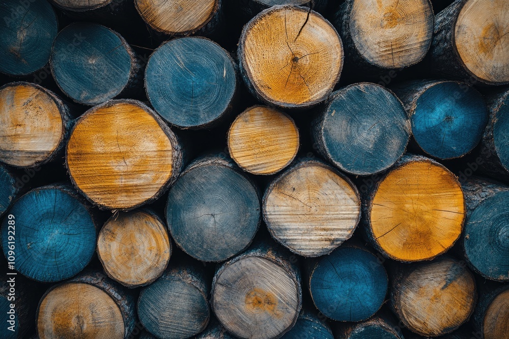 Poster stacked logs showing growth rings creating textured background