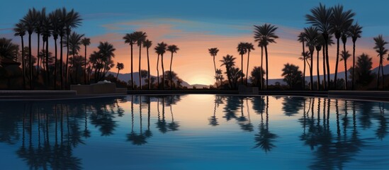 Serene twilight reflections in a tranquil swimming pool surrounded by palm trees showcasing natural beauty and peaceful ambiance