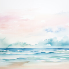 Serene watercolor seascape captures soft pastel tones, gentle ocean waves, tranquil skies, and a peaceful coastal atmosphere.