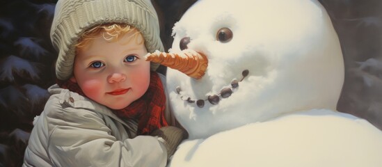 Fototapeta premium Winter joy child and snowman in snowy landscape celebrating holiday spirit with warmth and innocence