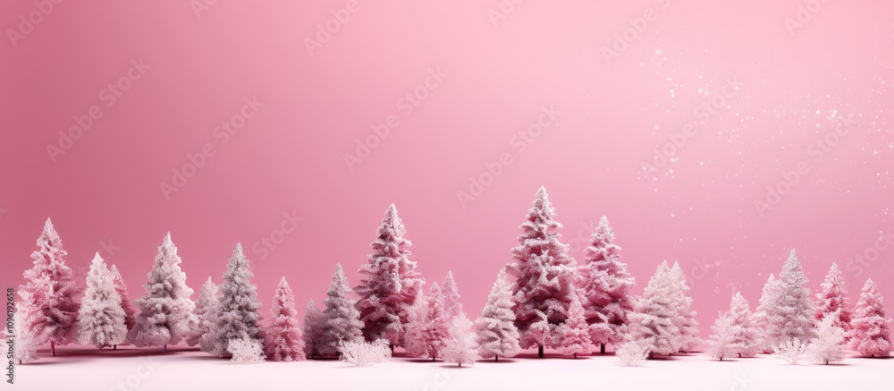 Poster evergreen trees covered in snowflakes set against a soft pink backdrop with ample copy space for cre