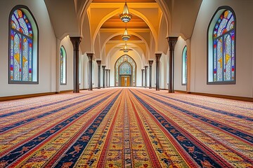 Obraz premium Grand mosque interior with intricate carpet, stained glass windows, and arched architecture.