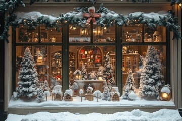 Christmas shop window displaying festive decorations and snow-covered trees