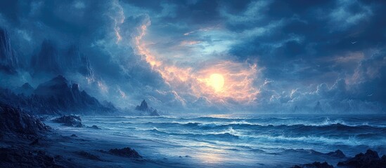 Fototapeta premium Dramatic ocean cliff landscape at dusk with turbulent clouds and vibrant sunset illuminating the serene waters below