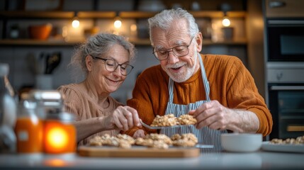 Wellness health and Natural remedies Concept, An elderly couple joyfully baking together in a cozy kitchen, showcasing love and companionship while preparing delicious treats.