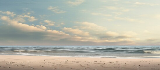 Serene gravel beach with gentle ocean waves under a cloudy sky showcasing tranquil seascape and horizon beauty.