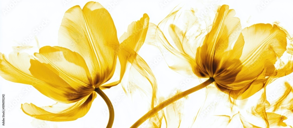 Poster yellow tulips with delicate petals and swirling patterns on a white background creating an elegant a