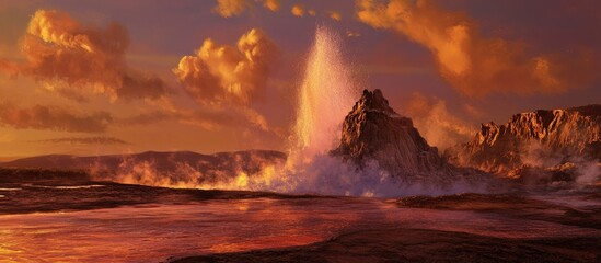 Fototapeta premium Geyser eruption at sunset in a stunning geothermal landscape with colorful clouds and vibrant reflections on the water surface.