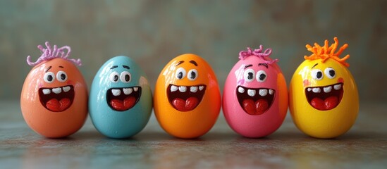 Colorful Easter eggs with playful facial expressions celebrating the joy of the holiday in a whimsical and cheerful arrangement.