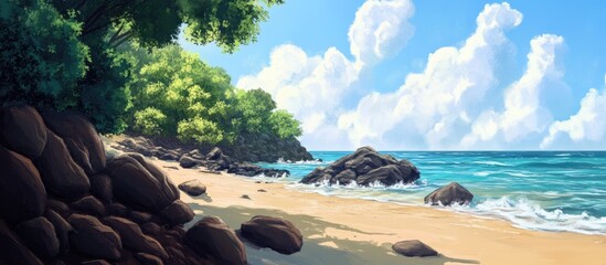 Tranquil Beach Scene with Rocks and Lush Greenery Under a Blue Sky and Gentle Waves