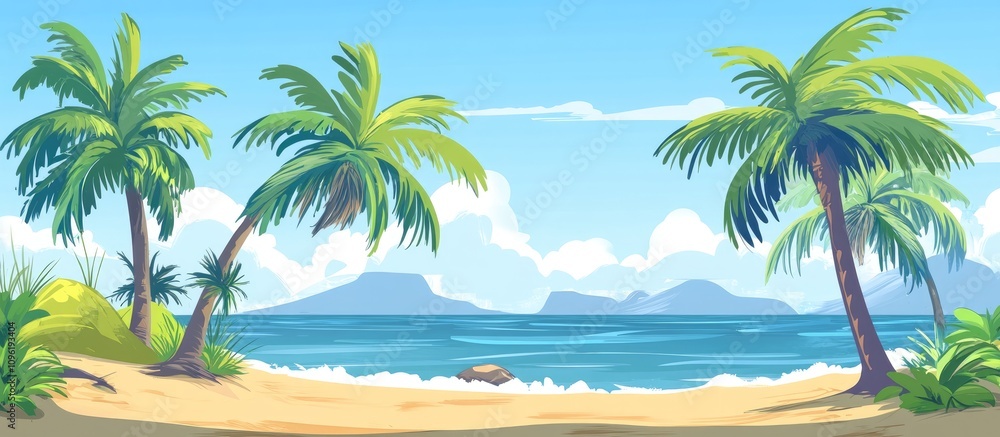 Poster tropical beach scene with palm trees under a bright sky and serene ocean waves creating a tranquil v