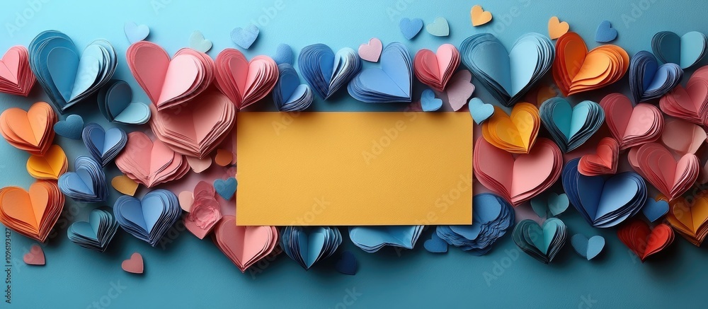 Poster valentine themed colorful paper hearts arrangement with blank rectangular space for text ideal for c