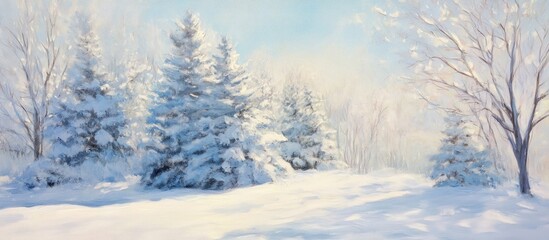 Tranquil winter landscape with snow-covered trees under a sunny sky evoking serenity and peace in a picturesque natural setting.