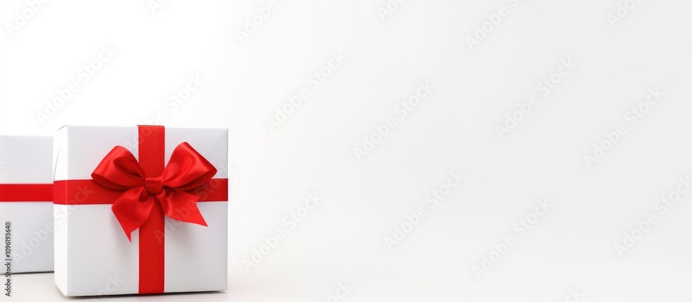 Poster elegant white gift box adorned with a large red bow on a minimalist white background ideal for creat