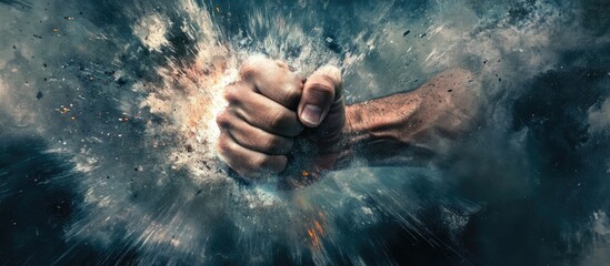 Fototapeta premium Fist of a man symbolizing strength and power amidst an explosive background representing protest and defiance in a dramatic concept
