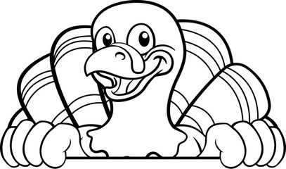 A turkey Thanksgiving cartoon bird Christmas mascot peeking around a sign with copy space