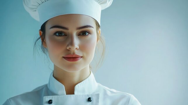 Female chef in white uniform and hat showcasing confidence and expertise in culinary arts with a serene expression against a soft background.
