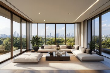 Modern living room overlooking city skyline with floor-to-ceiling windows
