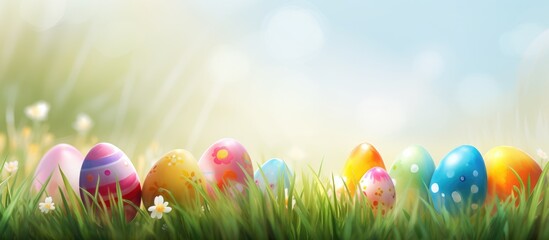 Fototapeta premium Vibrant Easter card design showcasing painted eggs nestled in lush green grass ideal for festive holiday themes and egg hunt celebrations