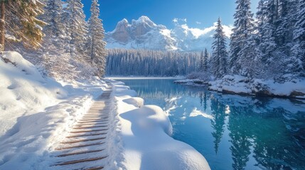 Wooden boardwalk covered with snow leading to frozen lake in the dolomites, italy during sunny winter day
