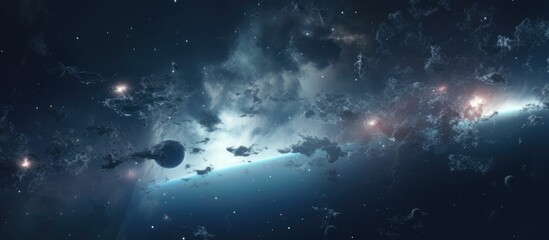 Fototapeta premium Abstract cosmic landscape showcasing a dynamic zoom effect of space featuring celestial bodies and vibrant nebulas in deep space scene.