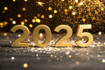Golden 3D Numerals 2025 on a Sparkling Background with Shimmering Confetti for Festive and Elegant Celebrations
