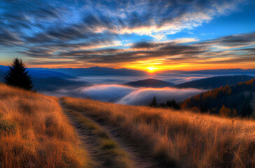 Fototapeta premium A beautiful sunrise over the Carpathian Mountains, with fog in the valley below and golden grass on the mountain top. 