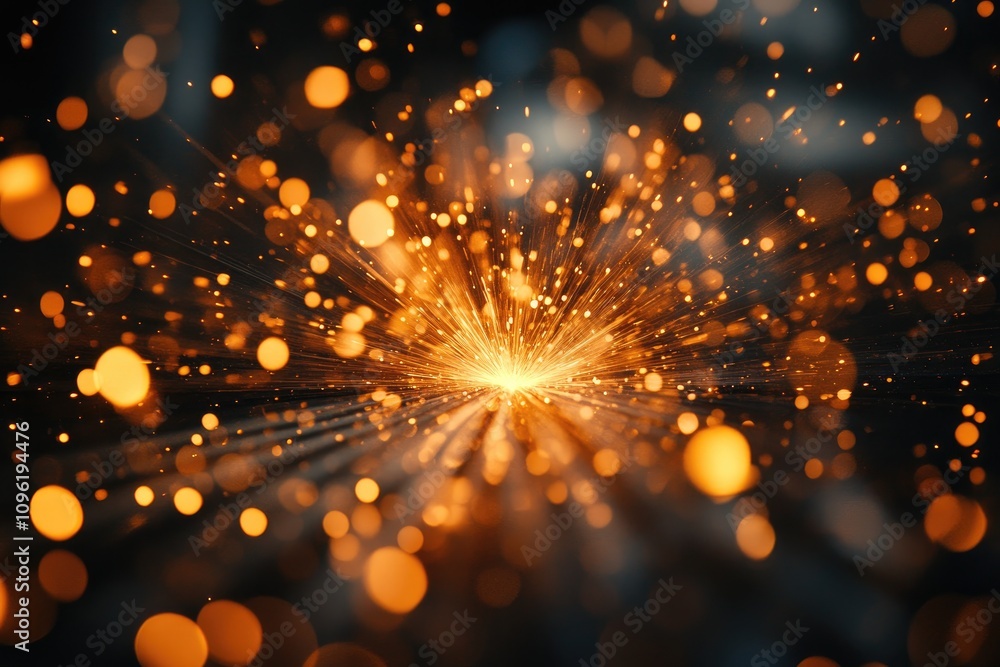 Poster Golden sparkles exploding from the center on dark background