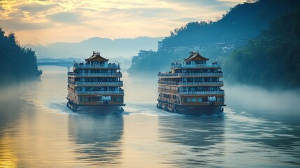 Obraz premium Two cruise ships sail on a misty river at dawn, surrounded by lush mountains.