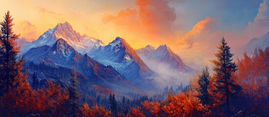 Obraz premium Majestic autumn mountains glowing in vibrant sunset hues with colorful trees and mist creating a serene natural landscape scene