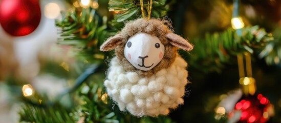 Obraz premium Childmade sheep ornament crafted from paper and wool hanging on a beautifully decorated Christmas tree with festive ornaments