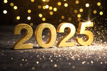 Golden 3D Numerals 2025 on a Sparkling Background with Shimmering Confetti for Festive and Elegant Celebrations