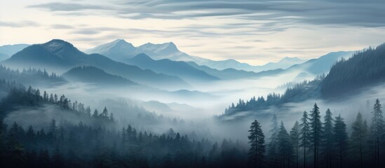 Fototapeta premium Majestic misty mountain landscape with pine trees and fog weaving through the valleys under an overcast sky.