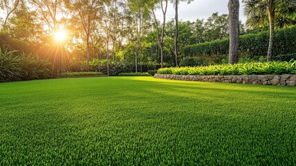 Obraz premium Lush green lawn basking in sunlight with vibrant trees and neatly arranged flower beds in a serene park environment